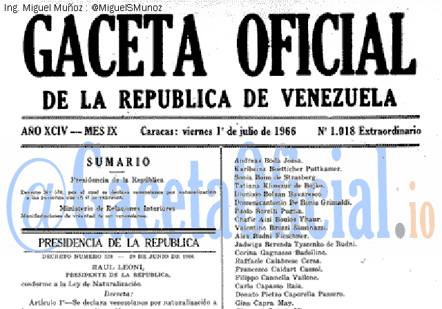 Gaceta Oficial 1018 del 1 Julio 1966