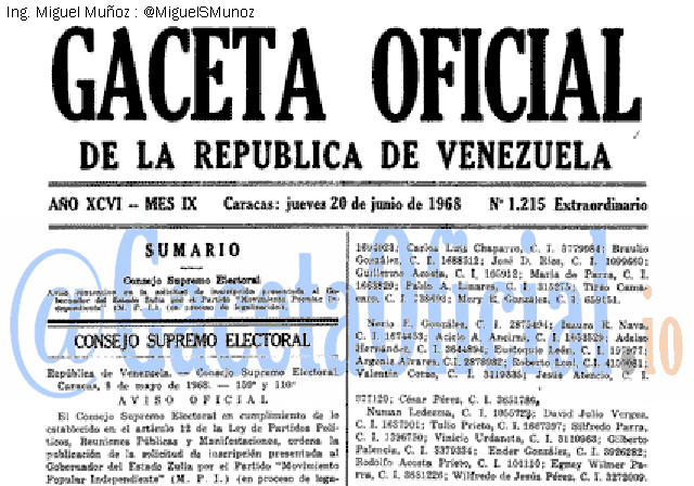 Gaceta Oficial 1215 del 20 Junio 1968