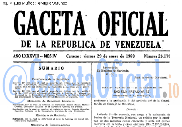 Gaceta Oficial 26170 del 29 Enero 1960