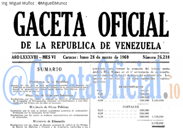 Gaceta Oficial 26218 del 28 Marzo 1960