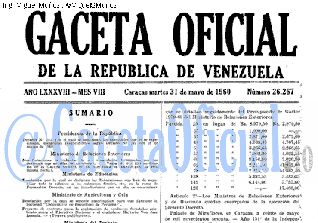 Gaceta Oficial 26267 del 31 Mayo 1960