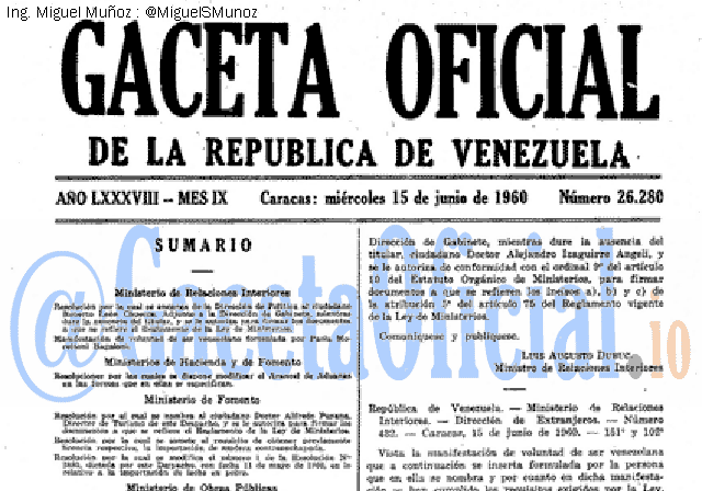 Gaceta Oficial 26280 del 15 Junio 1960