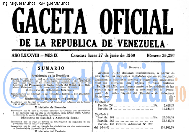 Gaceta Oficial 26290 del 27 Junio 1960