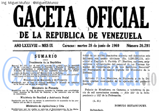 Gaceta Oficial 26291 del 28 Junio 1960