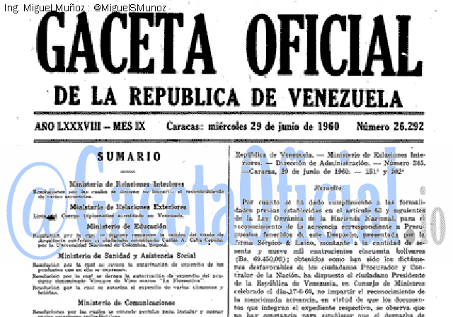 Gaceta Oficial 26292 del 29 Junio 1960