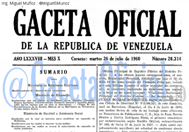 Gaceta Oficial 26314 del 26 Julio 1960