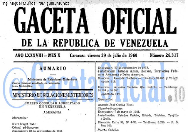 Gaceta Oficial 26317 del 29 Julio 1960