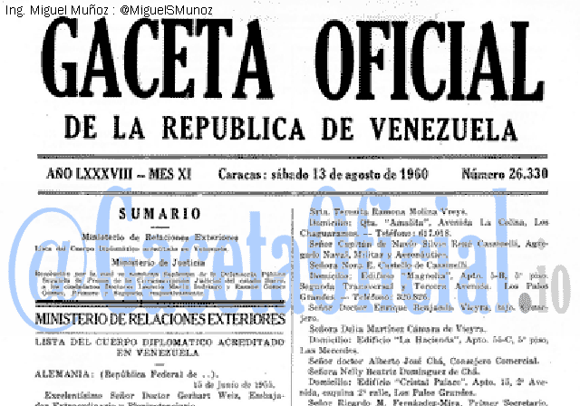 Gaceta Oficial 26330 del 13 Agosto 1960