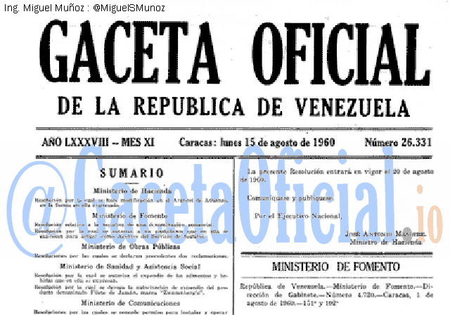 Gaceta Oficial 26331 del 15 Agosto 1960