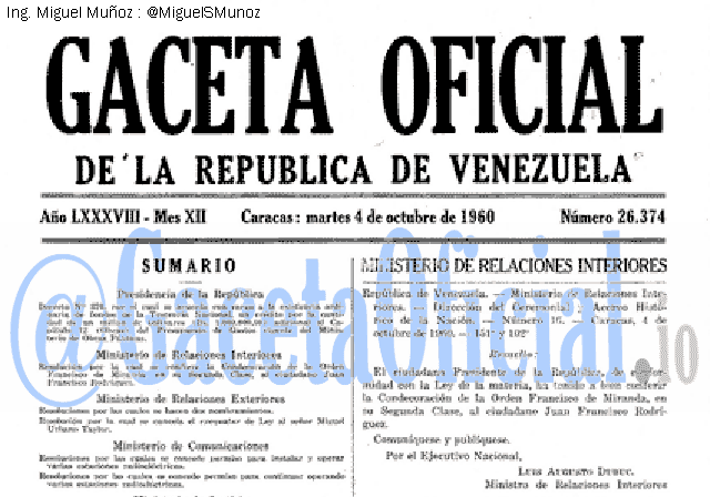Gaceta Oficial 26374 del 4 Octubre 1960