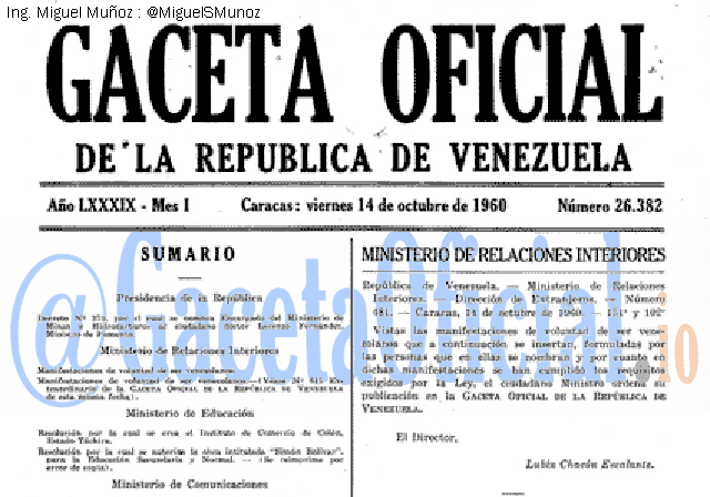 Gaceta Oficial 26382 del 14 Octubre 1960
