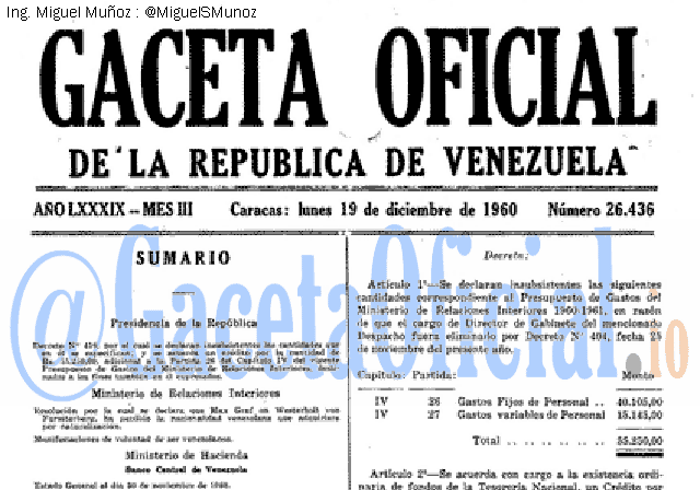 Gaceta Oficial 26436 del 19 Diciembre 1960