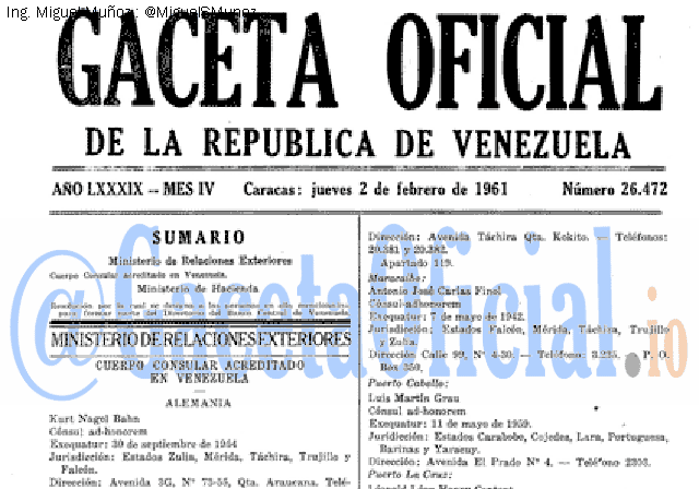 Gaceta Oficial 26472 del 2 Febrero 1961
