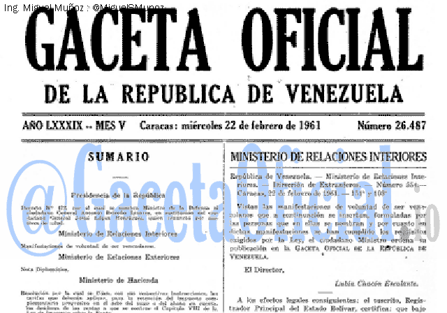 Gaceta Oficial 26487 del 22 Febrero 1961