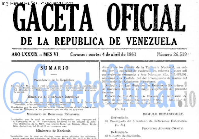 Gaceta Oficial 26519 del 4 Abril 1961