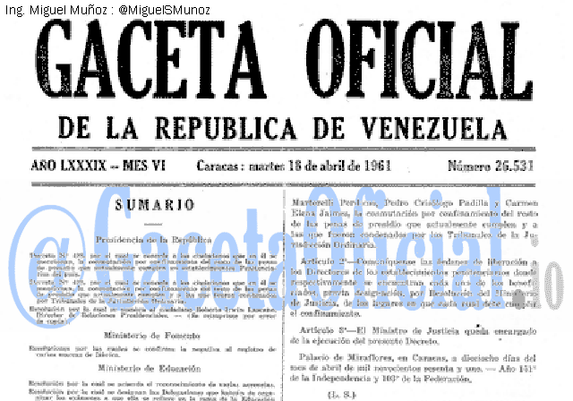 Gaceta Oficial 26531 del 18 Abril 1961