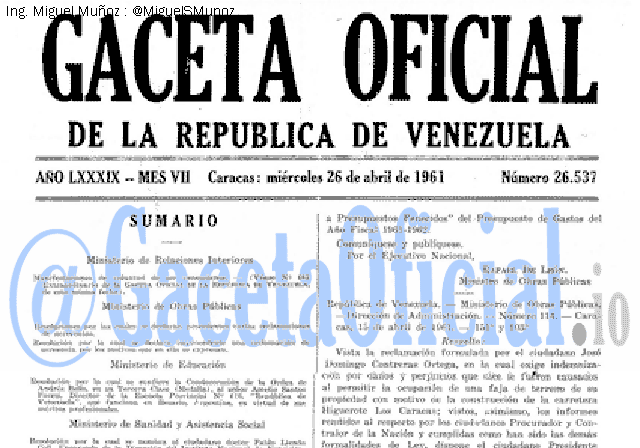 Gaceta Oficial 26537 del 26 Abril 1961