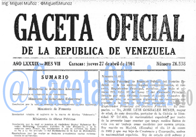 Gaceta Oficial 26538 del 27 Abril 1961