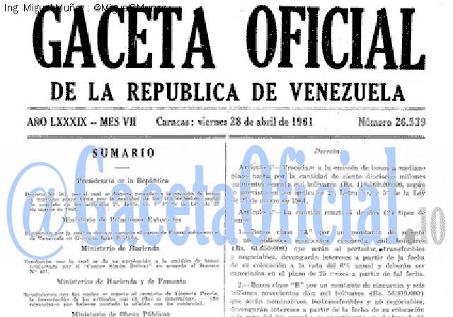 Gaceta Oficial 26539 del 28 Abril 1961