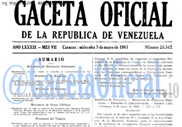 Gaceta Oficial 26542 del 3 Mayo 1961