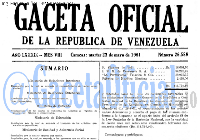 Gaceta Oficial 26559 del 23 Mayo 1961