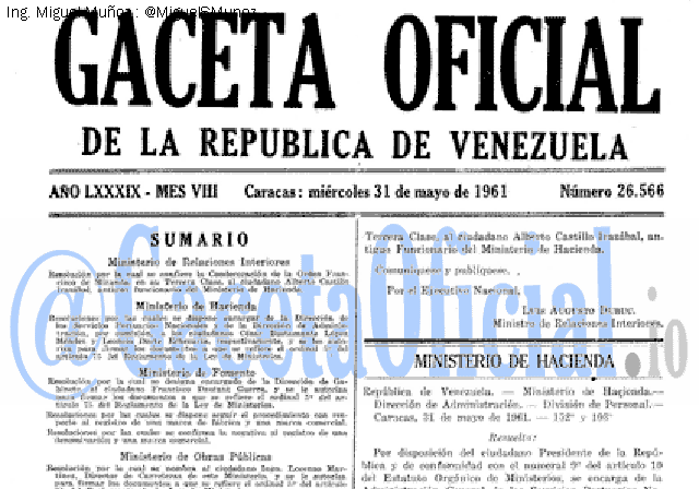 Gaceta Oficial 26566 del 31 Mayo 1961