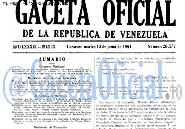 Gaceta Oficial 26577 del 13 Junio 1961