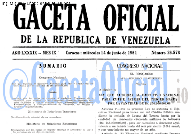 Gaceta Oficial 26578 del 14 Junio 1961