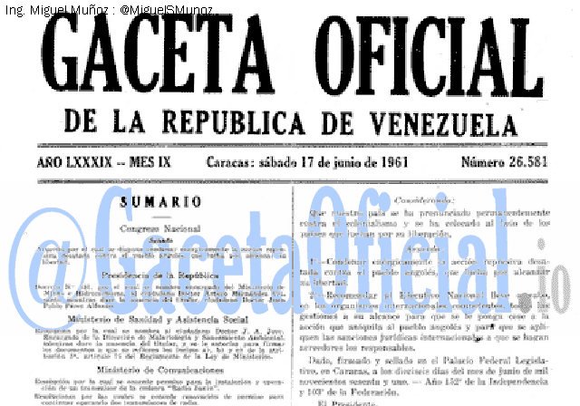 Gaceta Oficial 26581 del 17 Junio 1961