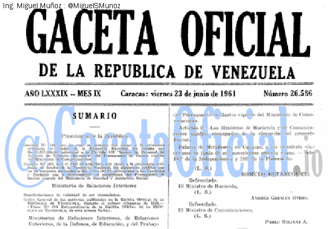 Gaceta Oficial 26586 del 23 Junio 1961