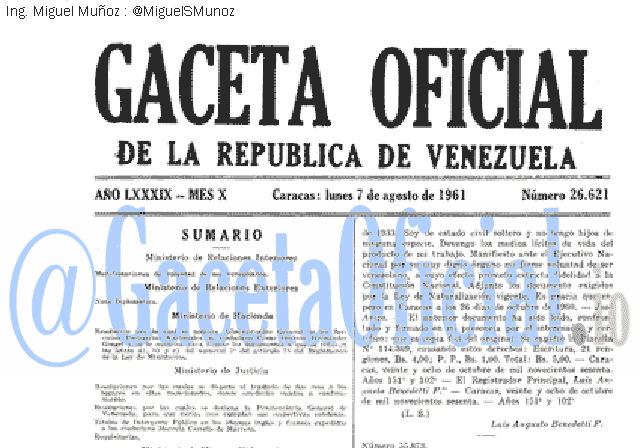 Gaceta Oficial 26621 del 7 Agosto 1961
