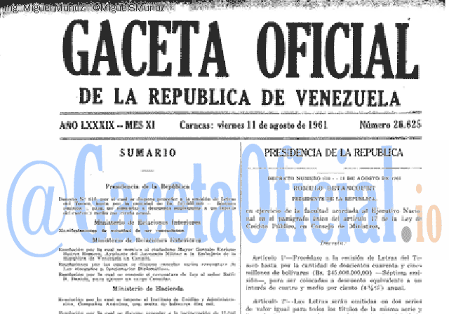 Gaceta Oficial 26625 del 11 Agosto 1961