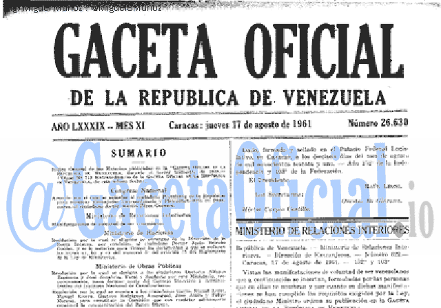 Gaceta Oficial 26630 del 17 Agosto 1961