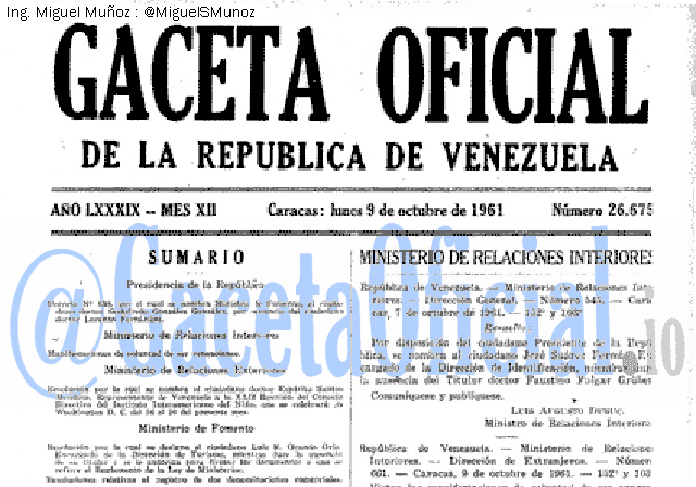 Gaceta Oficial 26675 del 9 Octubre 1961