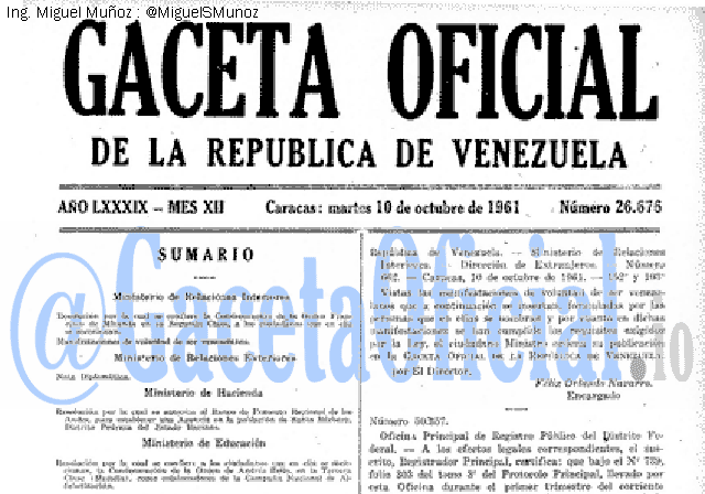 Gaceta Oficial 26676 del 10 Octubre 1961
