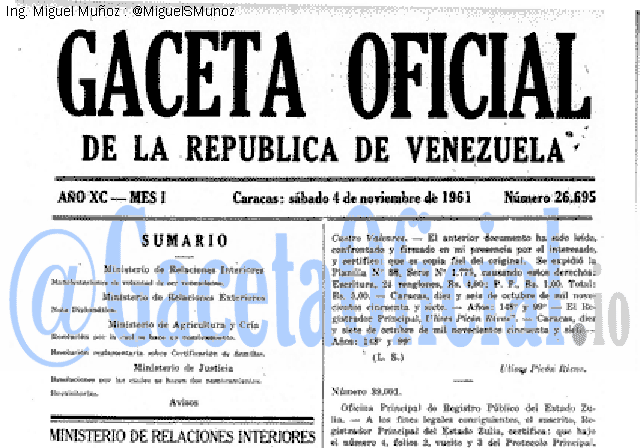 Gaceta Oficial 26695 del 4 Noviembre 1961