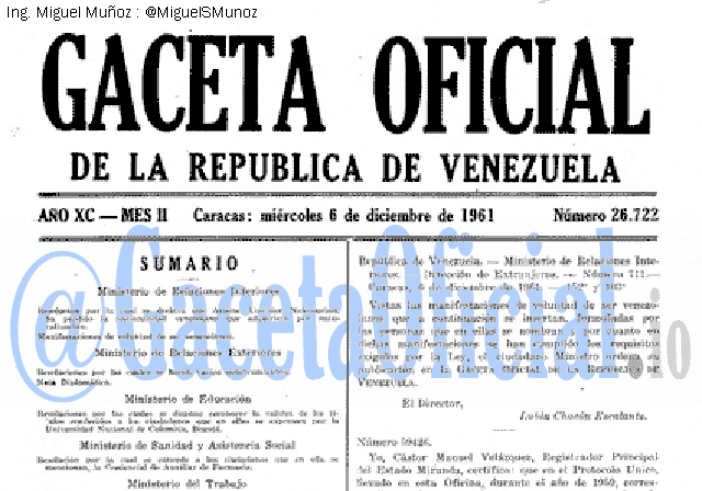 Gaceta Oficial 26722 del 6 Diciembre 1961