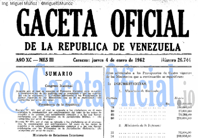 Gaceta Oficial 26744 del 4 Enero 1962