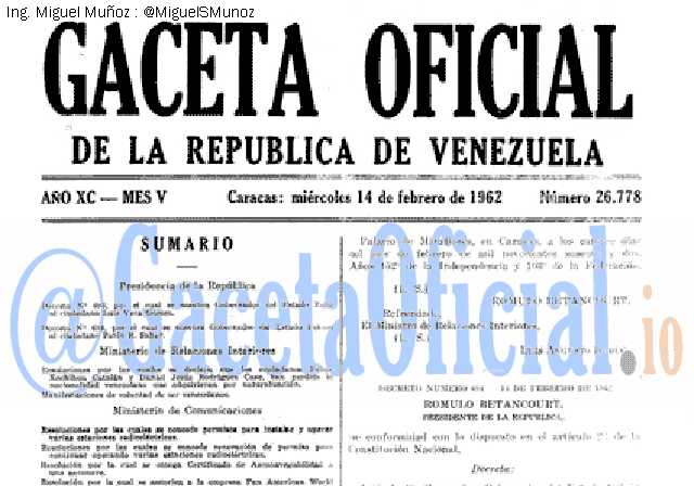 Gaceta Oficial 26778 del 14 Febrero 1962