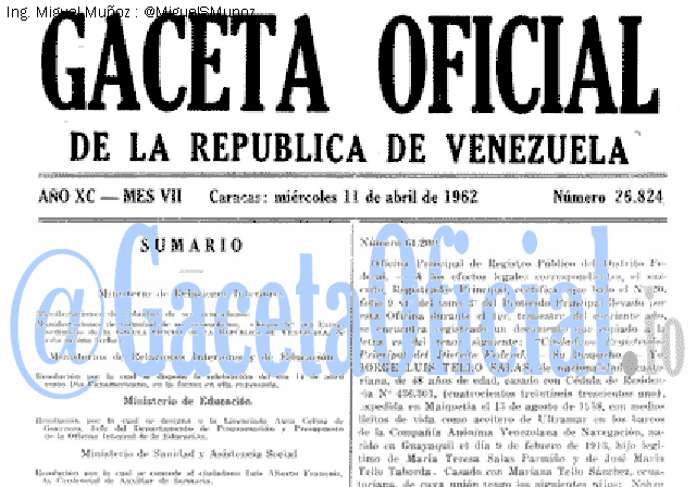 Gaceta Oficial 26824 del 11 Abril 1962