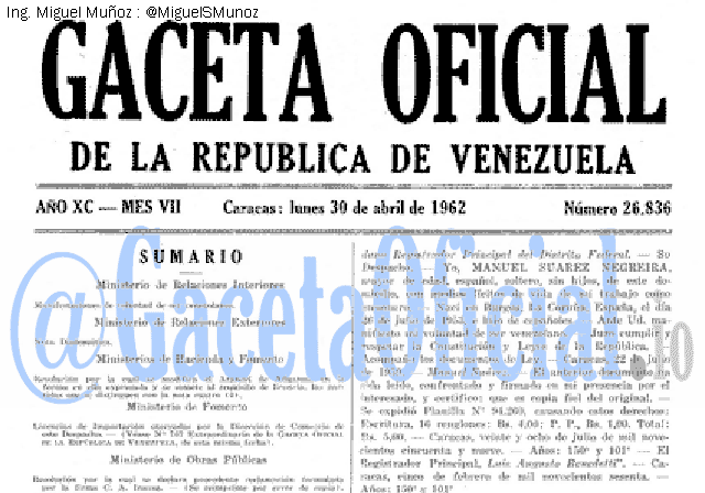 Gaceta Oficial 26836 del 30 Abril 1962