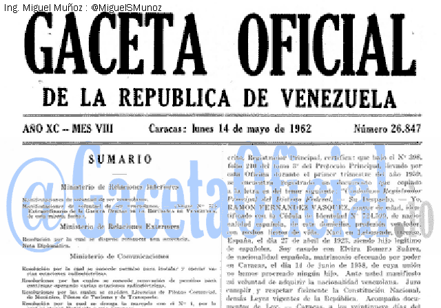 Gaceta Oficial 26847 del 14 Mayo 1962