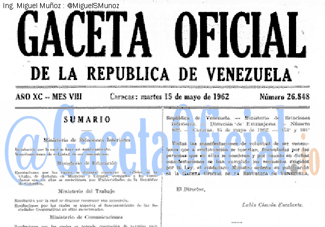 Gaceta Oficial 26848 del 15 Mayo 1962