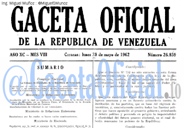Gaceta Oficial 26859 del 28 Mayo 1962