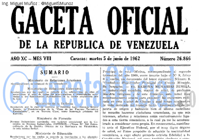 Gaceta Oficial 26866 del 5 Junio 1962