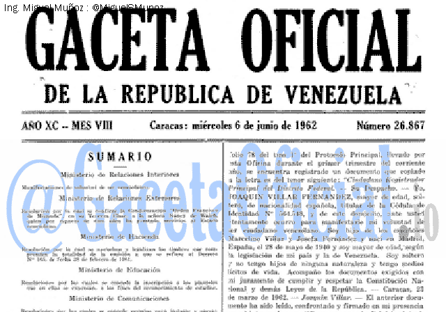 Gaceta Oficial 26867 del 6 Junio 1962