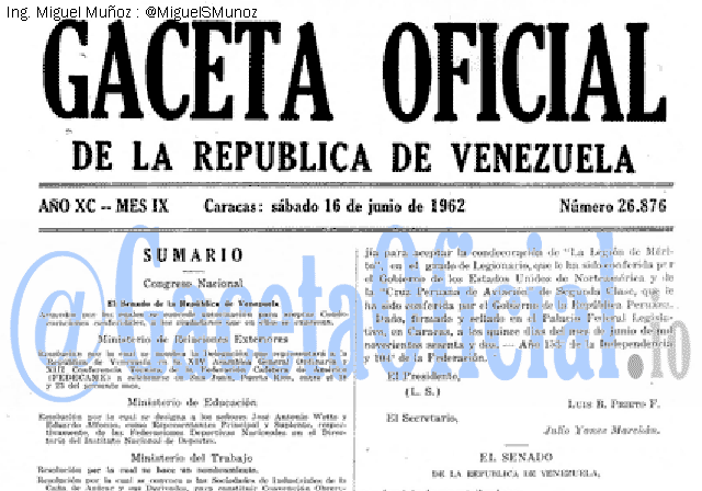 Gaceta Oficial 26876 del 16 Junio 1962