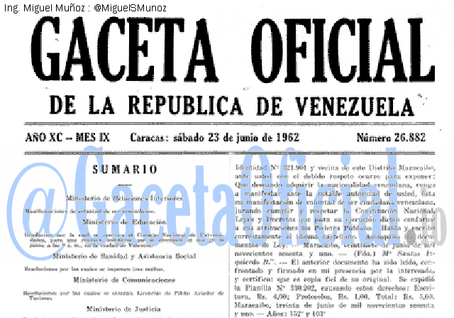 Gaceta Oficial 26882 del 23 Junio 1962
