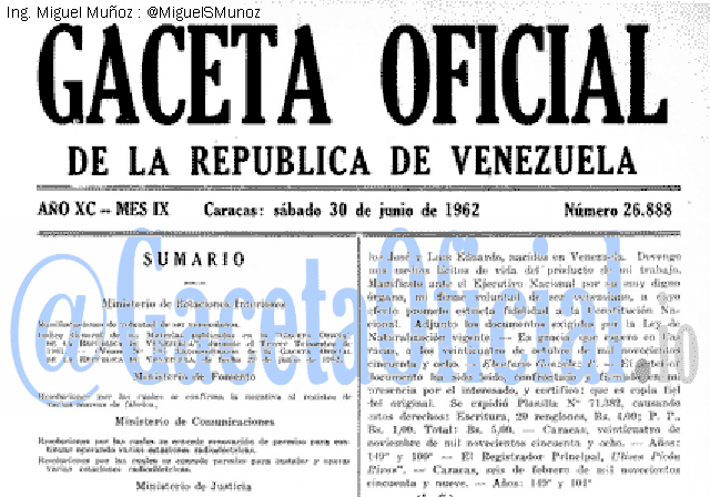 Gaceta Oficial 26888 del 30 Junio 1962