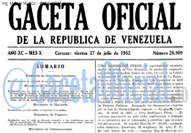 Gaceta Oficial 26909 del 27 Julio 1962